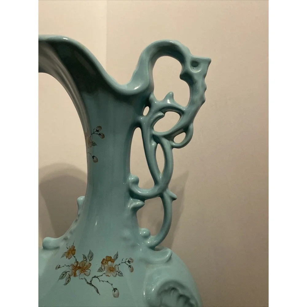 Vintage Art StudioPottery Vase Floral Hand Painted Dogwood Victorian‎ Style Teal